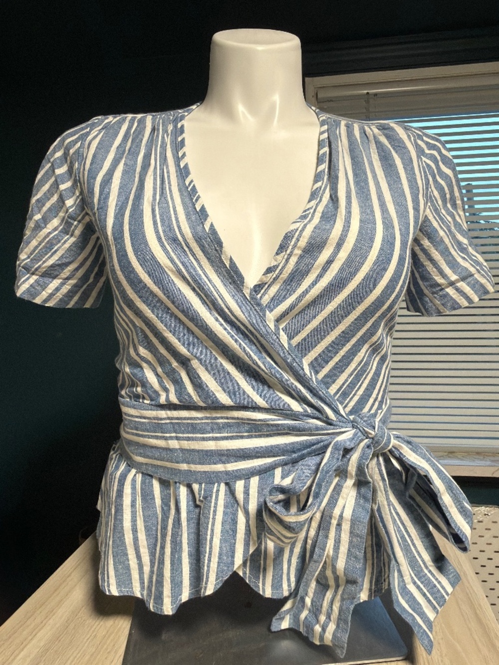 Max Studio Blue White Striped Wrap Tie Peplum Blouse Top Size M Coastal Cottagec